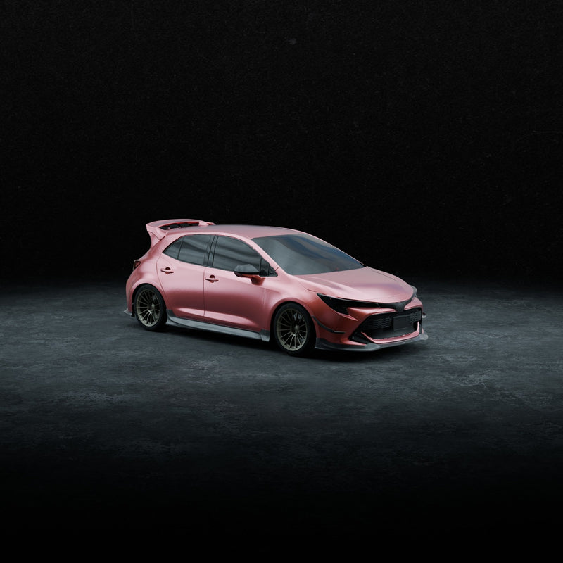 Load image into Gallery viewer, Front lip on a metallic rose Toyota Corolla Hatchback (E210 Zenki, 2019-2022) with lowered suspension and dark wheels.
