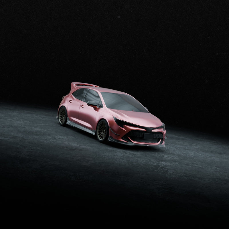 Load image into Gallery viewer, Matte black front lip installed on a pink Toyota Corolla Hatchback (E210, 2019-2022) against a dark background.