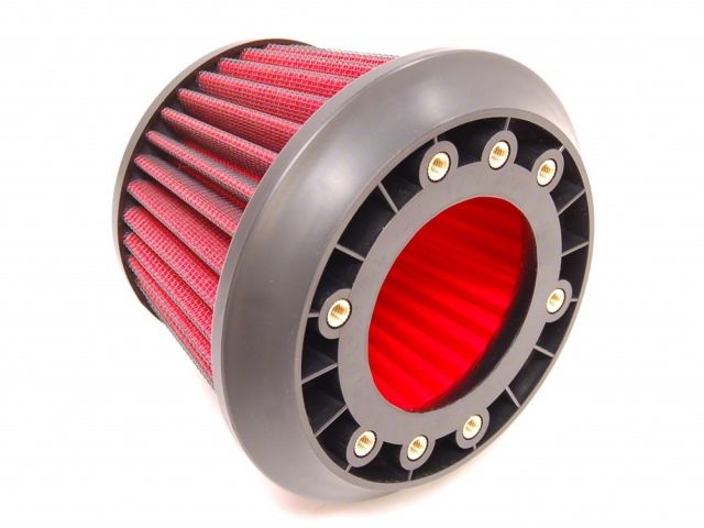 Load image into Gallery viewer, APEXi Power Intake red conical air filter for Nissan Skyline R33/R34, featuring a black mounting flange.