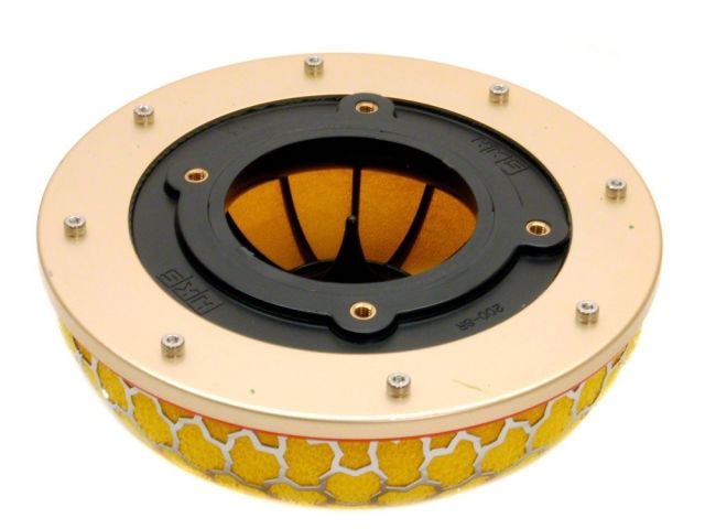 Load image into Gallery viewer, HKS air filter element for Nissan S14/S15, gold and black with yellow honeycomb mesh, new condition.
