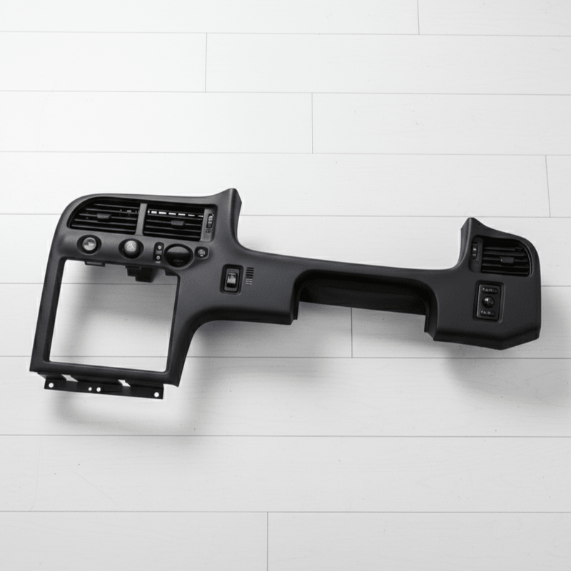 Load image into Gallery viewer, Black R33 Skyline center dashboard surround assembly with vents and switches, in clean condition.