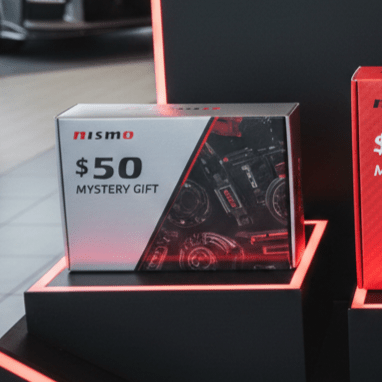 Load image into Gallery viewer, Nismo $50 Mystery Box featuring graphics of genuine JDM Skyline GT-R R32, R33, and R34 components on a silver box.