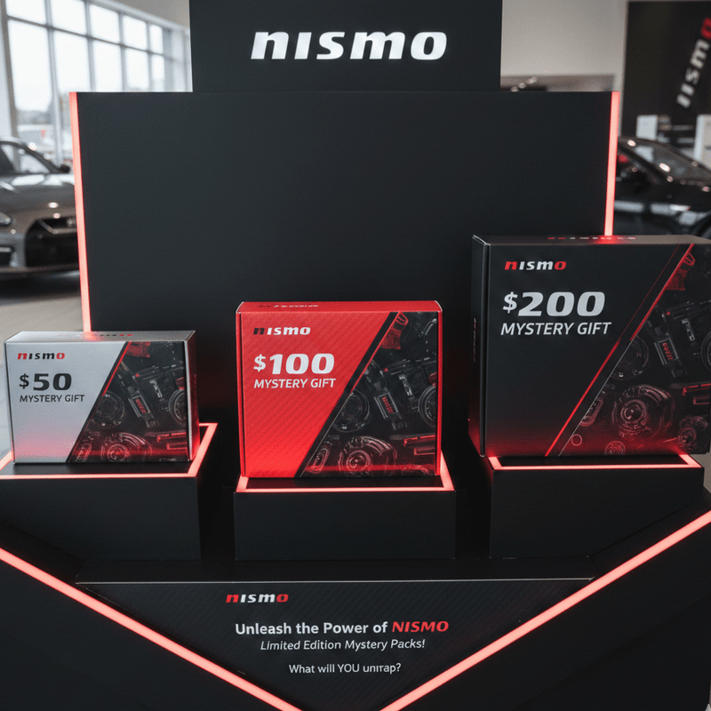 Load image into Gallery viewer, Nismo Heritage JDM mystery boxes on display with red and black graphics for Nissan GT-R parts.