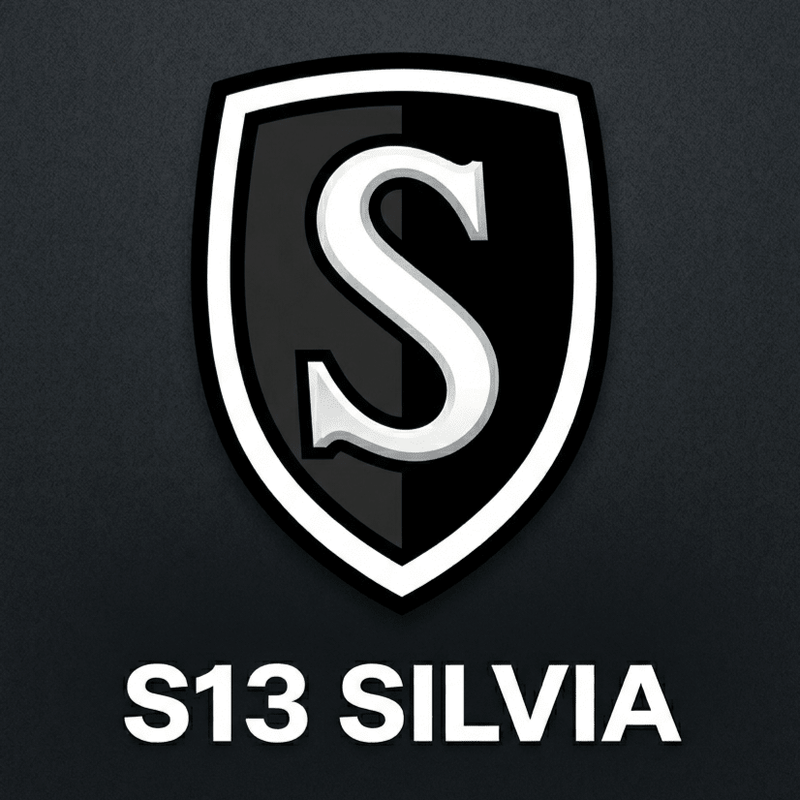 Load image into Gallery viewer, Black and white logo with 'S' symbol and 'S13 SILVIA' text on a black background