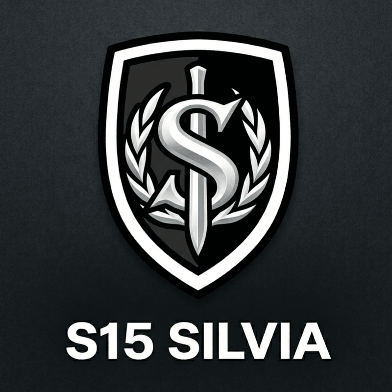 Load image into Gallery viewer, Logo with a shield design featuring a sword and wreath, accompanied by 'S15 SILVIA' text on a black background.