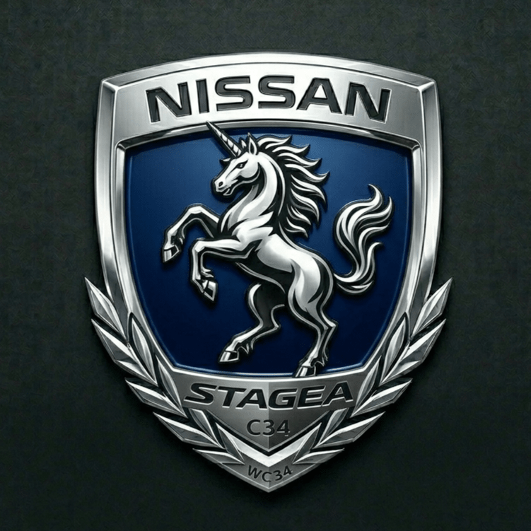 Load image into Gallery viewer, Nissan Stagea emblem with a unicorn on a dark background