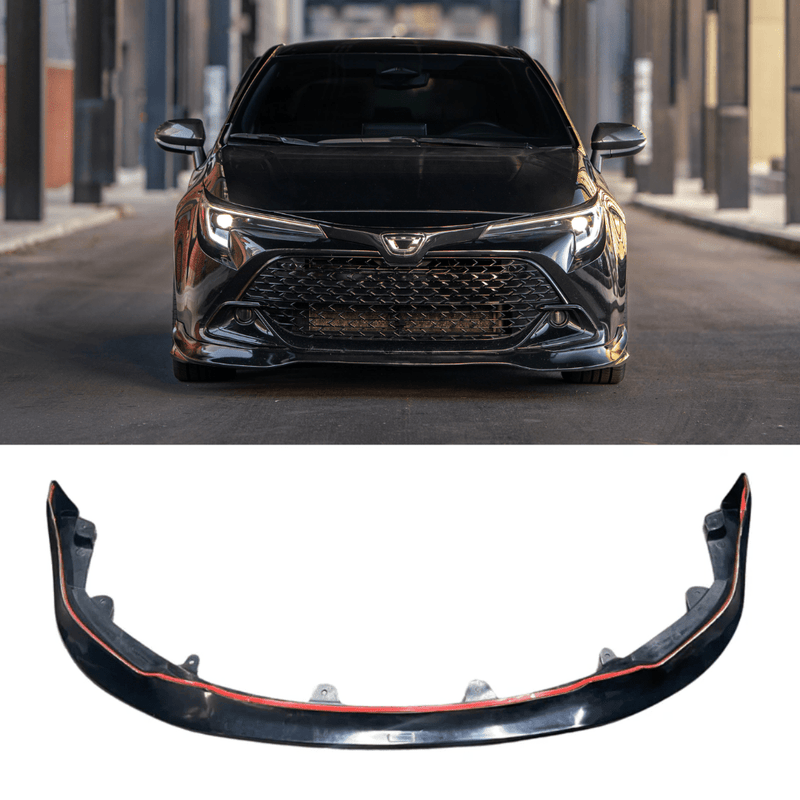 Load image into Gallery viewer, Gloss black front lip spoiler for 2023+ Toyota Corolla Hatchback (E210 Kouki) with adhesive backing strip.