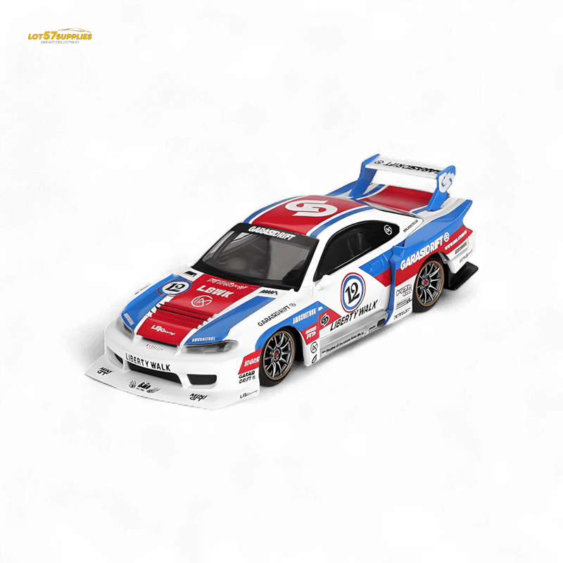 Load image into Gallery viewer, Mini-GT 1:64 scale Nissan S15 Silvia LBWK diecast model in white, blue, and red race livery.