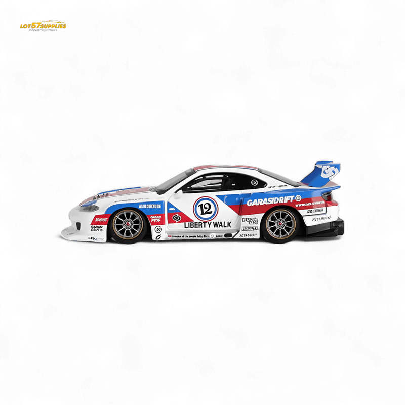 Load image into Gallery viewer, Mini-GT 1:64 scale Nissan S15 Silvia LBWK in white with blue/red racing livery and racing number 12.
