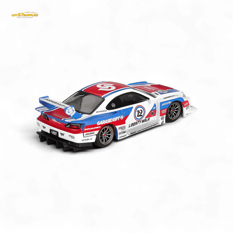 Load image into Gallery viewer, Mini-GT 1:64 scale Nissan S15 Silvia LBWK diecast model in red, white, and blue race livery with #12 decal.