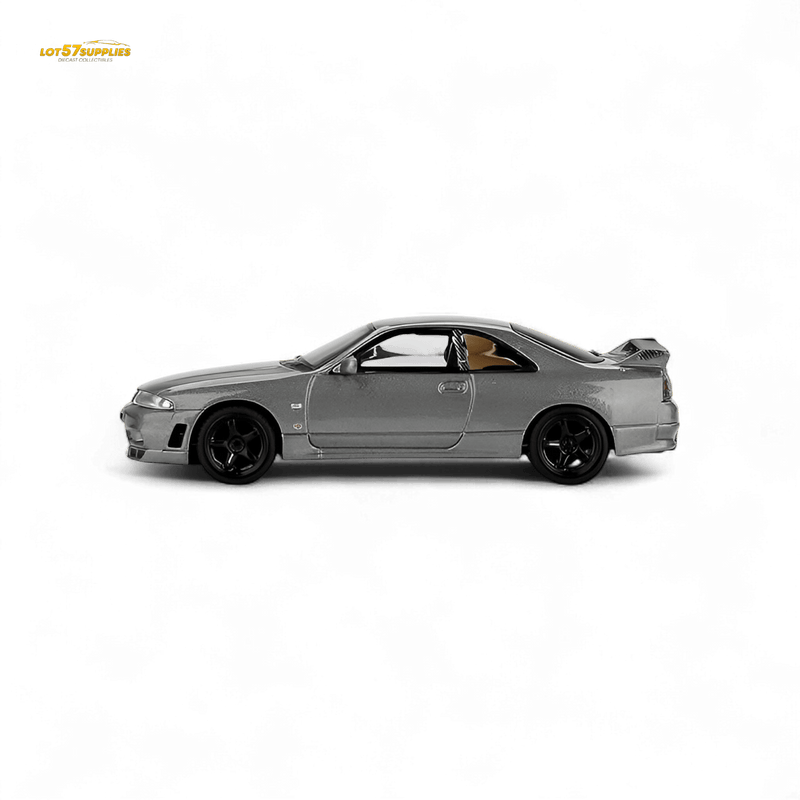 Load image into Gallery viewer, Mini GT 1:64 scale dark metal gray Nissan Skyline BCNR33 NISMO CRS diecast car model, side profile view.