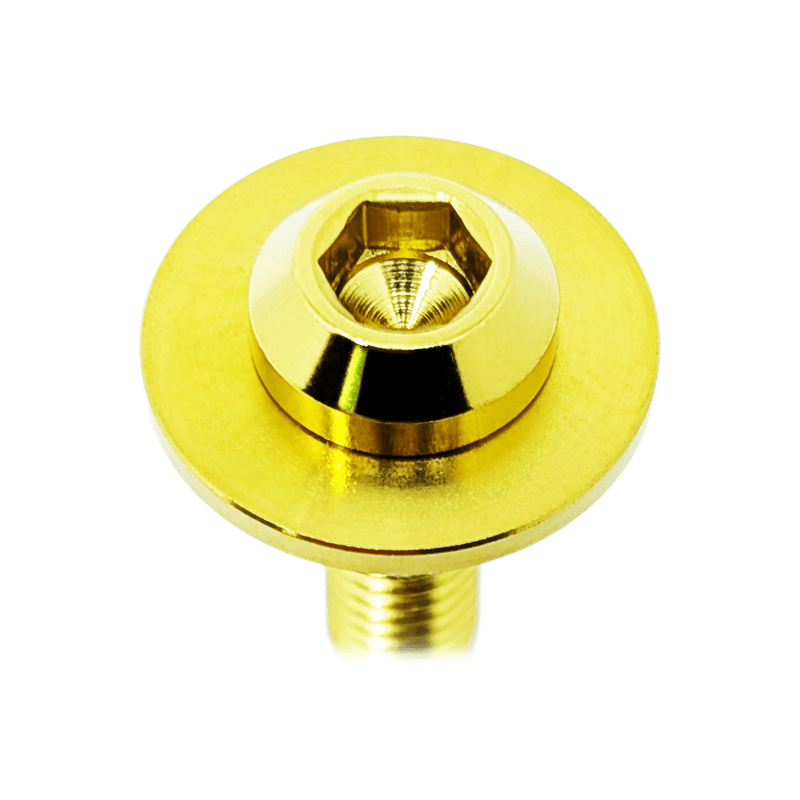 Load image into Gallery viewer, Gold titanium engine cover bolt for 2003-2009 Nissan 350Z, featuring a polished hex head and wide integrated washer.
