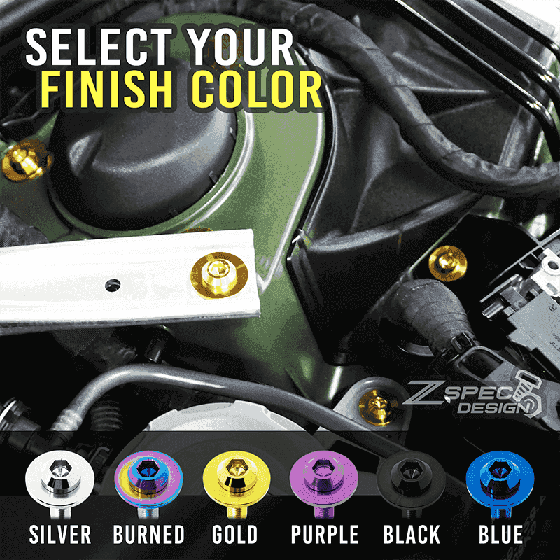 Load image into Gallery viewer, ZSPEC titanium fuel injector hardware kit for Nissan SR20, showing six available color finishes on engine components.