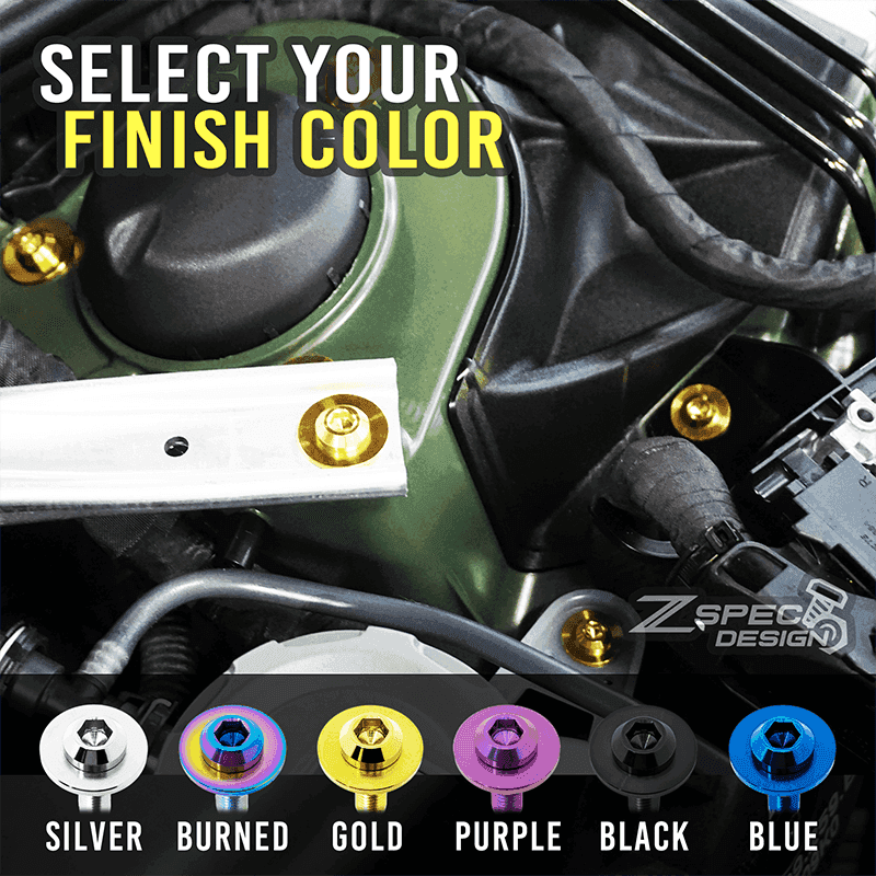 Load image into Gallery viewer, ZSPEC titanium hood fastener kit for GR Corolla, showing various anodized finish color options installed in an engine bay.