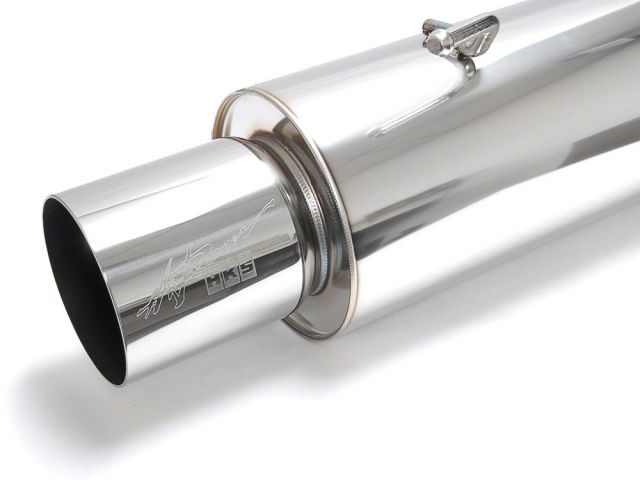Load image into Gallery viewer, Polished HKS Hi-Power 85mm muffler for Nissan S14, featuring HKS laser-etched branding on the exhaust tip.