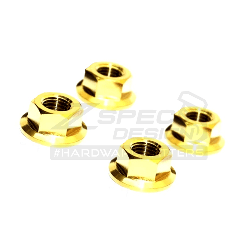 Load image into Gallery viewer, ZSPEC Grade-5 titanium water pump pulley nuts for SR20 & KA24 engines. Four shiny, gold-finished hexagonal nuts.