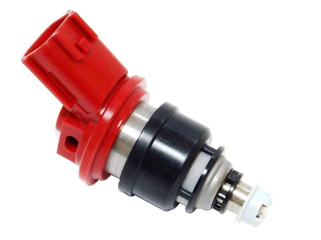 Load image into Gallery viewer, Red 740cc side-feed fuel injector for Nissan Z32 and 180SX, featuring a metal body and red plastic top connector.