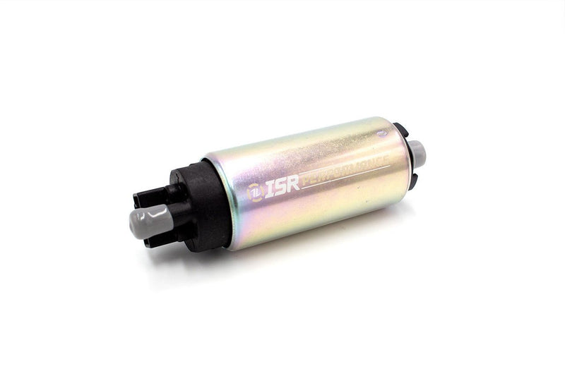 Load image into Gallery viewer, ISR Performance 340 LPH fuel pump for Z32 and R33. Metallic cylinder body with black end cap and grey caps.