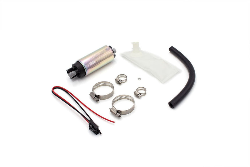 Load image into Gallery viewer, ISR 340 LPH fuel pump kit for Nissan Z32 and R33. Includes silver pump, fuel filter, hose, and hardware.