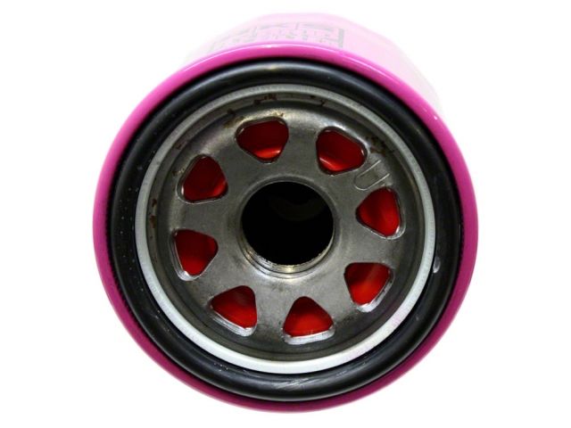 Load image into Gallery viewer, HKS Hybrid Sports pink oil filter for Nissan and Toyota engines, shown from the base side.