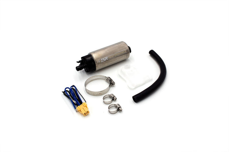 Load image into Gallery viewer, ISR 415lph fuel pump kit for Nissan Z32 and R33. Includes silver pump, hose, filter, clamps, and wiring harness.