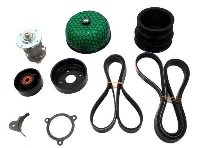 Load image into Gallery viewer, HKS GT supercharger kit for Nissan 350Z VQ35DE including green air filter, black pulleys, and belts on white background.