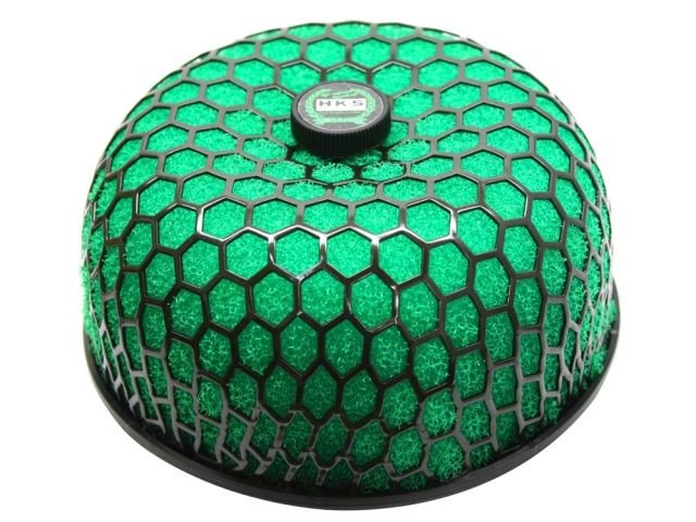 Load image into Gallery viewer, HKS green foam air filter element for Nissan 350Z supercharger kit, featuring a black honeycomb mesh cage.