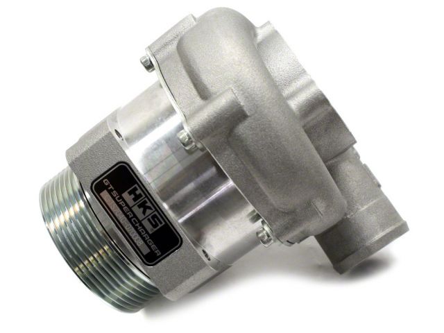 Load image into Gallery viewer, Silver HKS GT supercharger unit for Nissan 350Z VQ35DE with metal housing and black branding plate.