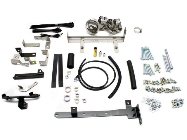 Load image into Gallery viewer, HKS GT supercharger hardware kit for Nissan 350Z VQ35DE, including metal brackets, fasteners, and hoses.