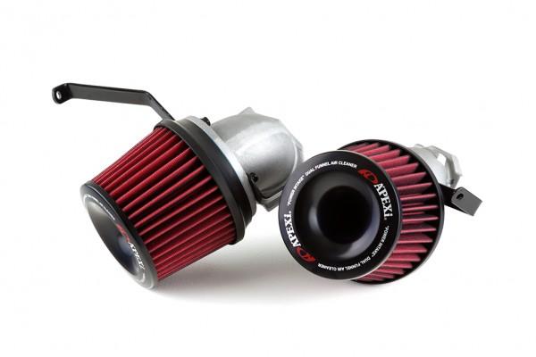 Load image into Gallery viewer, New APEXi red power intake kit for Nissan Skyline R33/R34. Two cone filters with black housings and metal brackets.