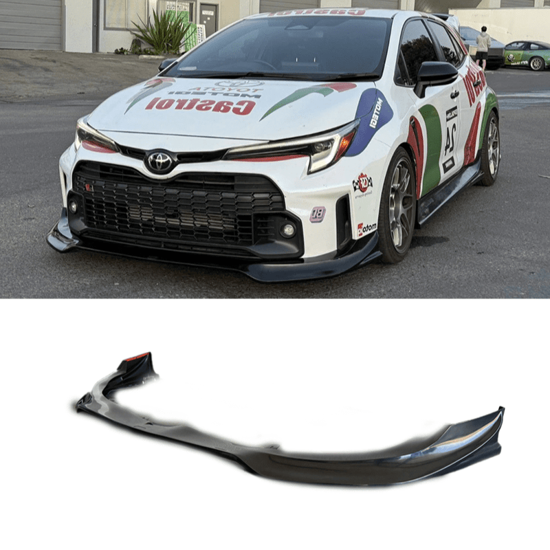 Load image into Gallery viewer, Gloss black V2 front lip for 2023-2024 Toyota GR Corolla (E210 Zenki), shown installed and as a standalone part.