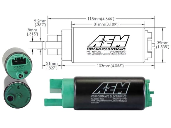 Load image into Gallery viewer, AEM 340LPH E85-COMPATIBLE HIGH FLOW IN-TANK FUEL PUMP with measurements and logo