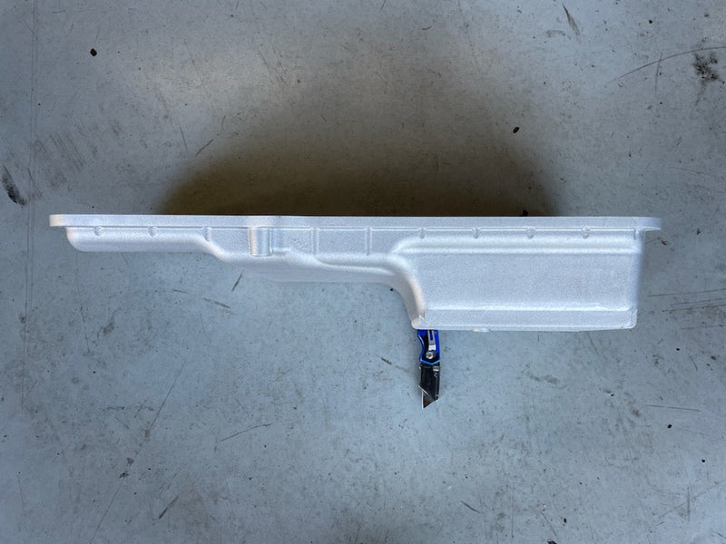 Load image into Gallery viewer, JHK cast aluminum rear sump oil pan for RB20/25/26 engines. Silver finish, new condition. Side view.