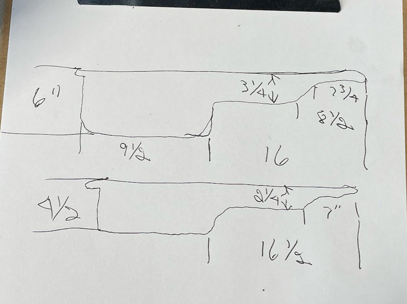 Load image into Gallery viewer, Hand-drawn dimension sketch for RB20/25/26 rear sump oil pan conversion, detailing height and length specifications.