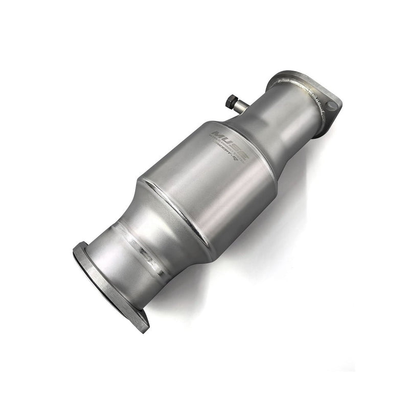 Load image into Gallery viewer, Silver titanium high-flow catalyst for Nissan RB26DETT (Skyline GT-R), new condition with Muse branding.