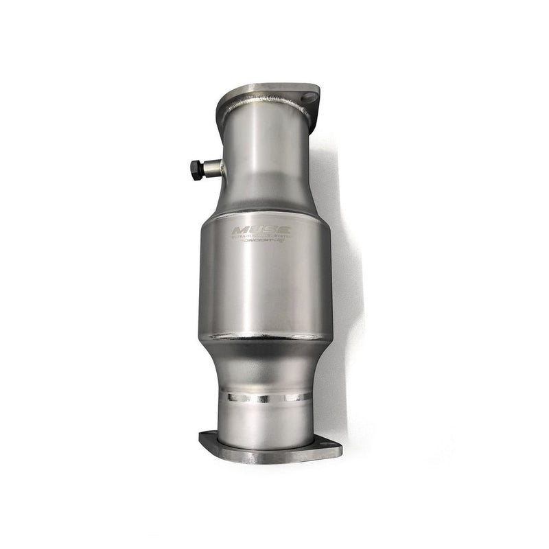 Load image into Gallery viewer, New Muse titanium high-flow catalyst for Nissan RB26DETT, featuring a silver metallic finish and two mounting flanges.
