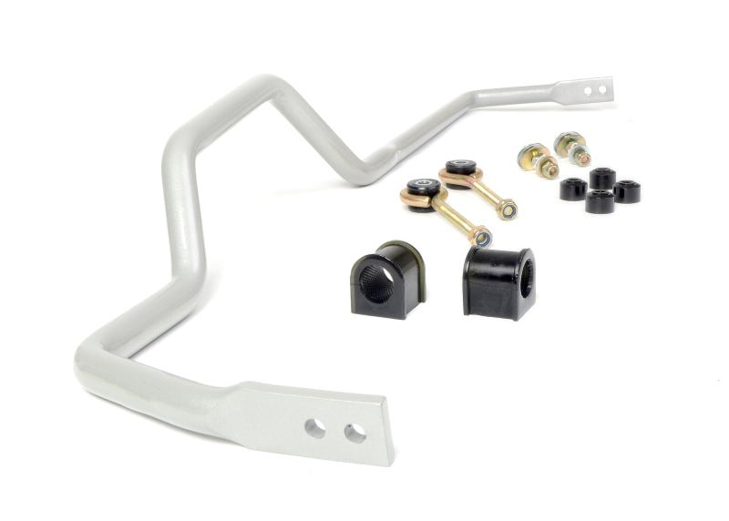 ギャラリービューアに画像をロードする, Silver Whiteline 24mm adjustable rear sway bar kit for R32 Nissan Skyline GTR with black bushings and mounting hardware.