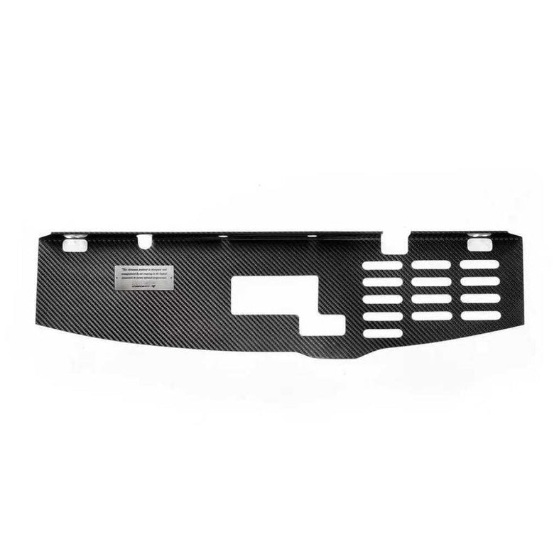Load image into Gallery viewer, Black dry carbon cooling panel for Nissan Skyline GTR R32, features vented design and branding plaque.