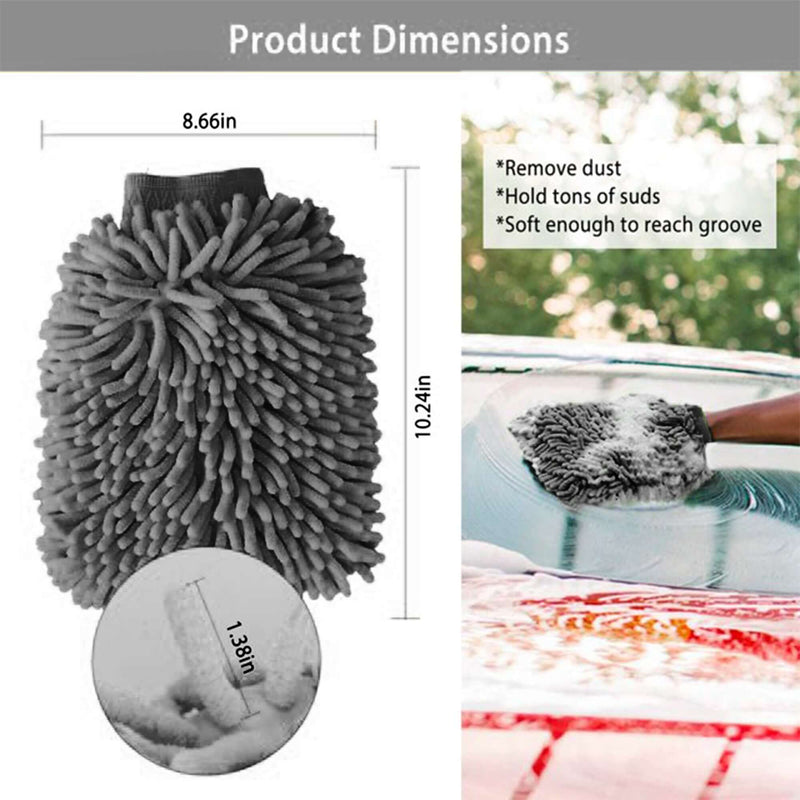 Load image into Gallery viewer, Gray microfiber chenille car wash mitt shown with dimension diagrams and in-use photo on a car hood.
