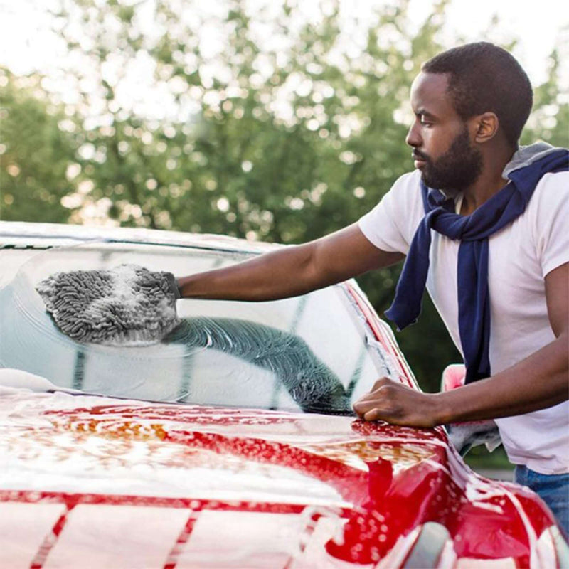 Load image into Gallery viewer, A person using a grey microfiber chenille wash mitt to clean the windshield of a red vintage convertible car.