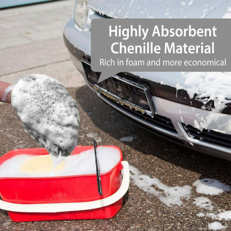 Load image into Gallery viewer, Gray microfiber chenille cleaning mitt covered in foam, cleaning a silver VW Golf Mk4 bumper with a red bucket nearby.