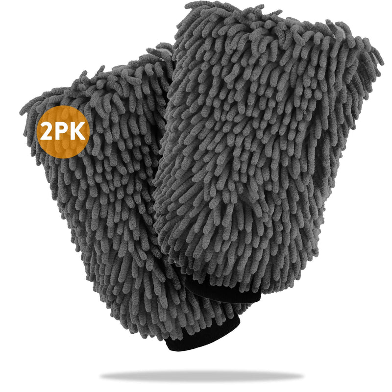 Load image into Gallery viewer, Two grey microfiber chenille car cleaning mitts for general vehicle washing.