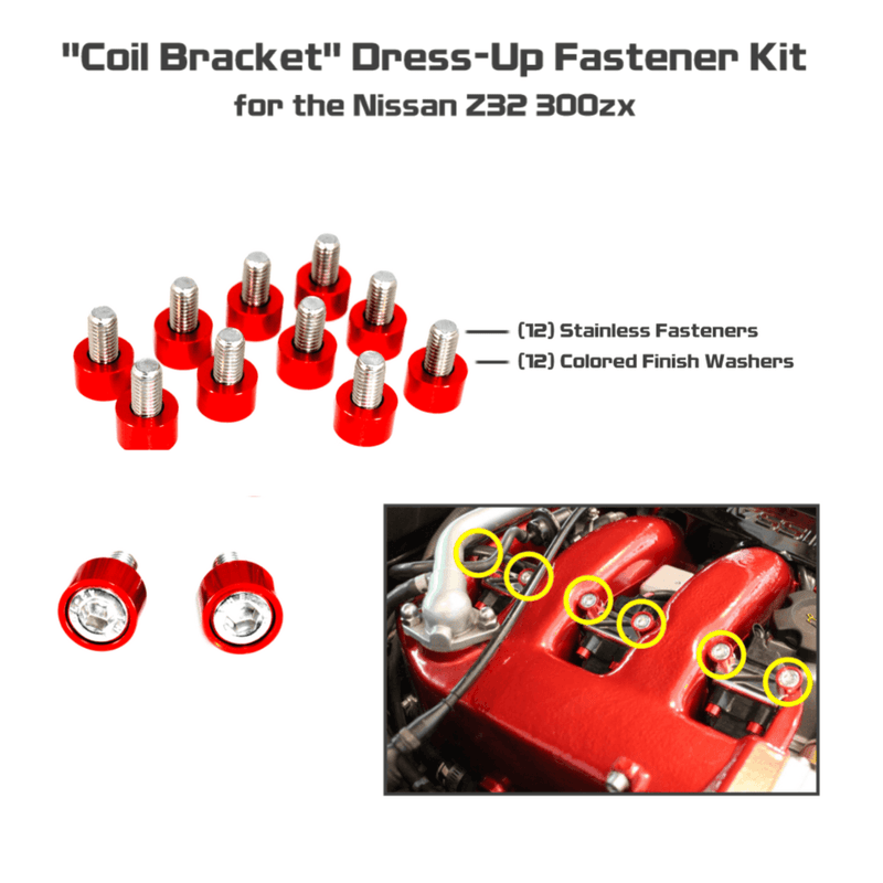 Load image into Gallery viewer, ZSPEC red billet coil bracket fastener kit for Nissan Z32 300zx. Includes 12 stainless bolts and colored washers.