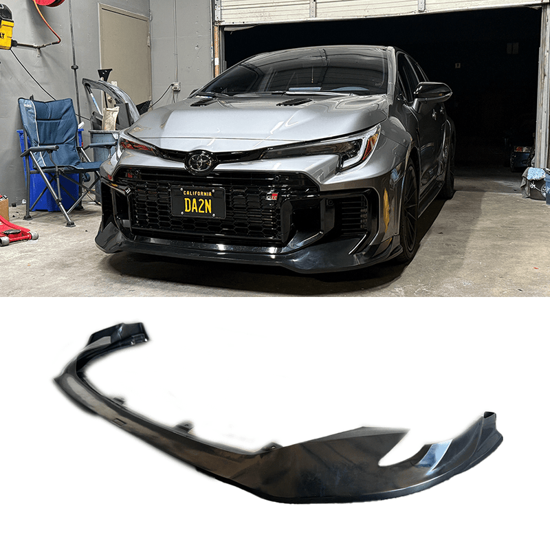 Load image into Gallery viewer, Gloss black front lip for 2025+ Toyota GR Corolla (E210 Kouki), shown isolated and installed on a silver car.
