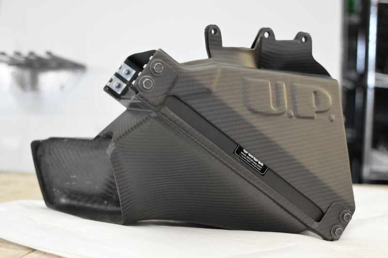 Load image into Gallery viewer, Carbon fiber oil cooler duct for R32 GTR with "U.P." branding. New condition.