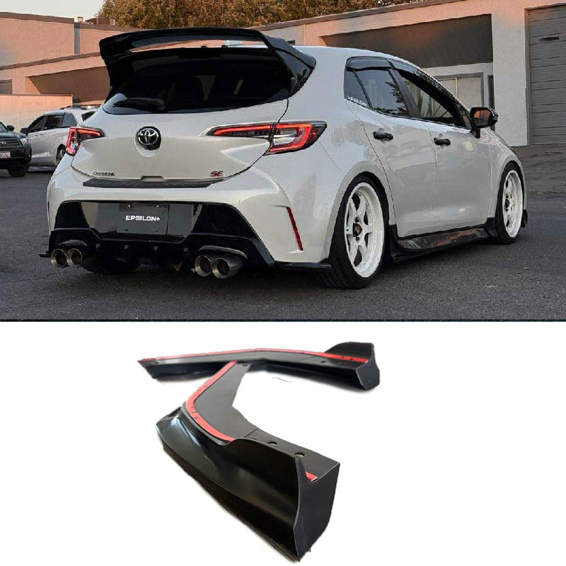 Load image into Gallery viewer, Gloss black rear spats for Toyota Corolla Hatchback (E210, 2019-2025+) with pre-applied red adhesive tape.