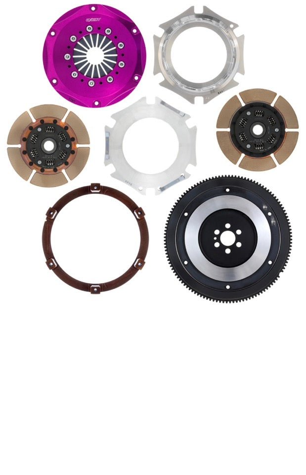 Load image into Gallery viewer, Exedy 1989-1993 Nissan Skyline GTR Hyper Twin Cerametallic Clutch components including sprung center discs and flywheels.