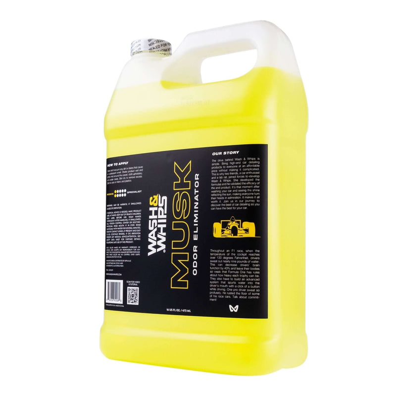 ギャラリービューアに画像をロードする, 16oz yellow bottle of WASH&WHIPS Musk Odor Eliminator with black label and Formula 1 car graphic.