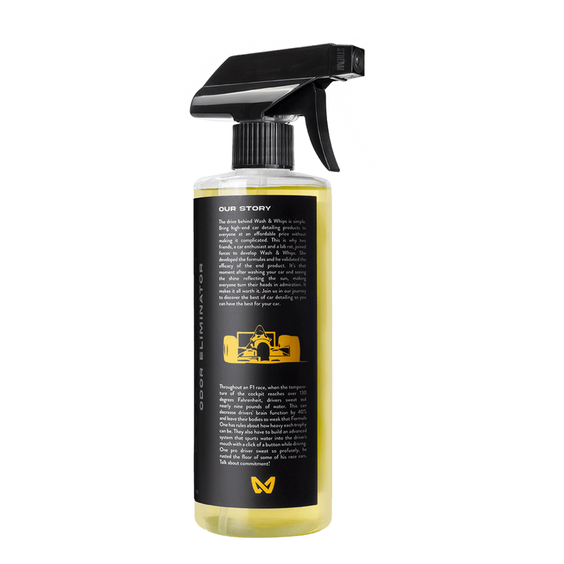 ギャラリービューアに画像をロードする, 16oz WASH&WHIPS Musk Odor Eliminator spray bottle featuring F1 race car graphic on a black label with yellow liquid.