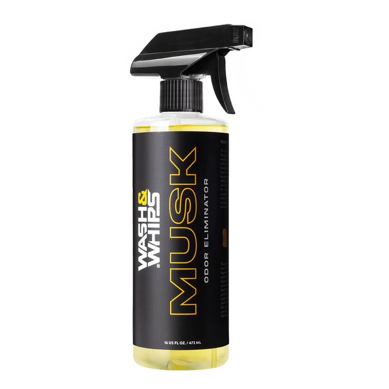 ギャラリービューアに画像をロードする, 16oz WASH&WHIPS Musk odor eliminator spray bottle with black label and yellow text on a black background.